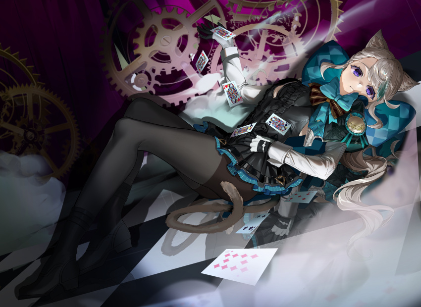 1girl absurdres animal_ears aqua_bow black_footwear black_pantyhose blue_eyes boots bow card cat_ears cat_girl cat_tail frilled_leotard frills gears genshin_impact gloves highres huge_bow leotard light_brown_hair long_hair looking_at_viewer lynette_(genshin_impact) mutea pantyhose solo tail two-tone_gloves