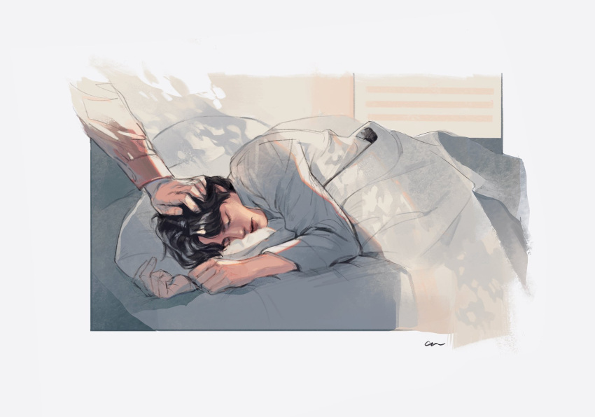 2boys armouries bed bed_sheet bedroom beyond_evil black_hair blanket closed_eyes dappled_sunlight grey_background han_joowon_(beyond_evil) hand_in_another's_hair headpat highres indoors lee_dongsik_(beyond_evil) light_rays lying male_focus multiple_boys on_bed out_of_frame pajamas pillow short_hair sleeping solo_focus sunbeam sunlight under_covers upper_body yaoi