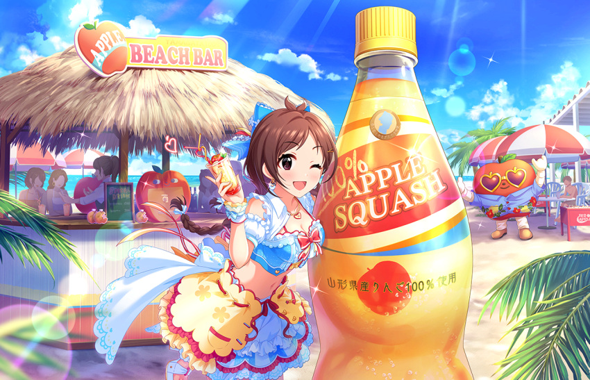 2boys 5girls alternate_hairstyle apple apple_juice beach blue_bow blue_shirt blue_sky bow braid breasts brown_hair cleavage clothing_cutout cloud cloudy_sky day earrings eyelashes food frilled_shirt_collar frills fruit game_cg hair_bow hand_up high_heels holding hut idolmaster idolmaster_cinderella_girls idolmaster_cinderella_girls_starlight_stage jewelry lens_flare looking_at_viewer medium_breasts multiple_boys multiple_girls necklace official_art one_eye_closed open_mouth outdoors palm_tree parted_bangs plastic_bottle sandals shirt short_sleeves shoulder_cutout sky solo_focus standing standing_on_one_leg swept_bangs toes tree tsujino_akari twin_braids two-tone_shirt white_footwear