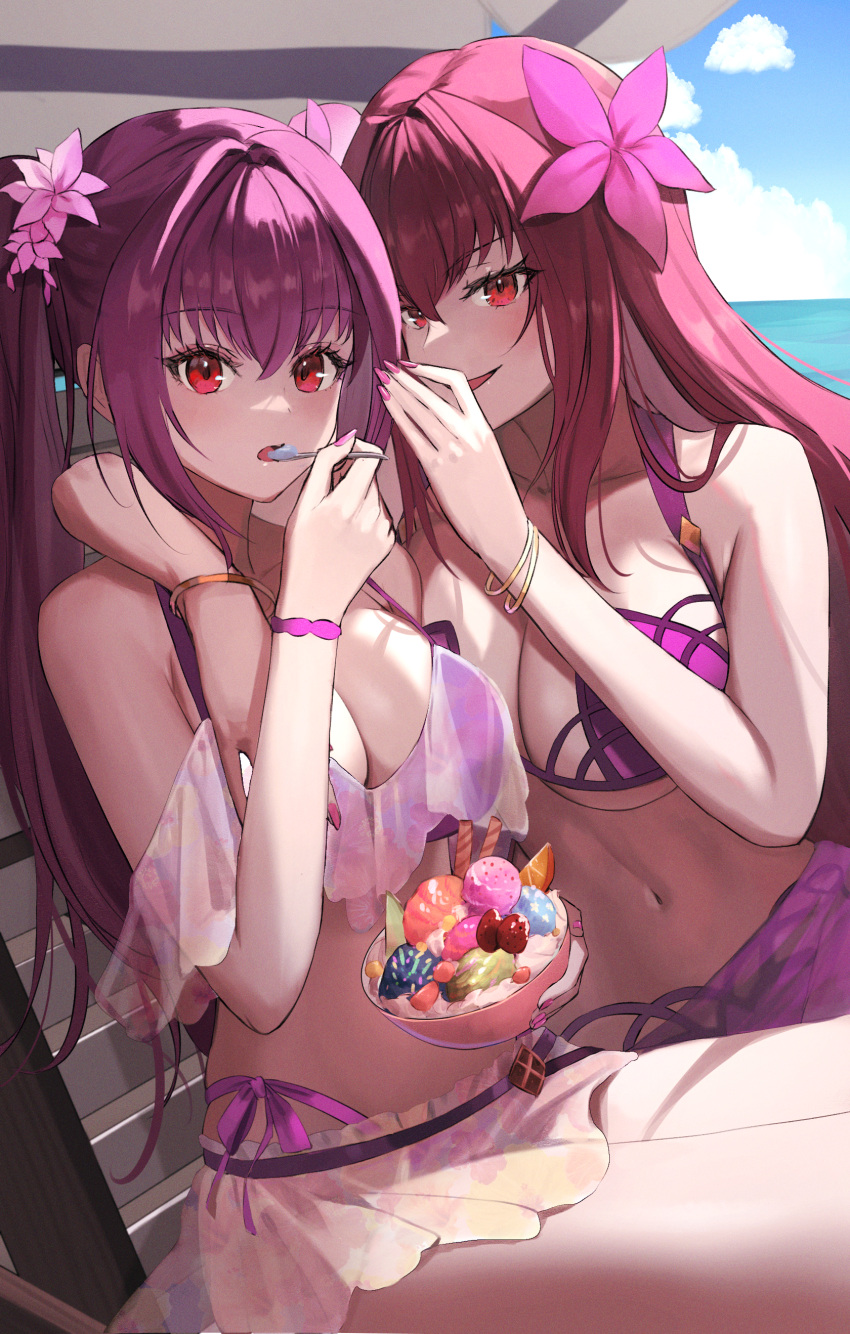 2girls absurdres bare_shoulders bikini bracelet breasts cleavage collarbone dolce_(dolsuke) eating fate/grand_order fate_(series) flower food hair_between_eyes hair_flower hair_ornament hibiscus highres ice_cream jewelry large_breasts long_hair looking_at_viewer microskirt multiple_girls navel open_mouth purple_bikini purple_hair red_eyes sarong scathach_(fate) scathach_(swimsuit_assassin)_(fate) scathach_skadi_(fate) scathach_skadi_(swimsuit_ruler)_(fate) scathach_skadi_(swimsuit_ruler)_(first_ascension)_(fate) see-through skirt swimsuit thighs twintails