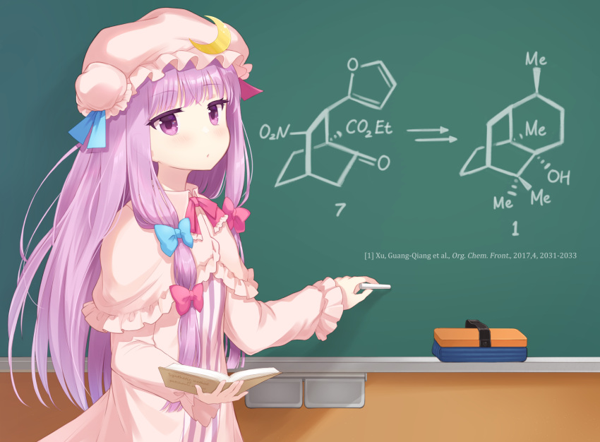 1girl blue_bow book bow capelet chalk chalkboard chemical_structure chemistry commission crescent crescent_hat_ornament dress frilled_capelet frilled_sleeves frills hair_bow hat hat_ornament highres holding holding_book holding_chalk indoors long_hair long_sleeves looking_at_viewer mito_tsubaki mob_cap patchouli_knowledge pink_dress pink_headwear purple_eyes purple_hair red_bow skeb_commission solo touhou