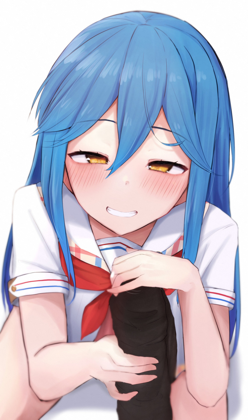 1boy 1girl absurdres akino_mizuhiki blue_hair blush bulge convenient_arm double-parted_bangs erection erection_under_clothes eyelashes from_above grin hair_between_eyes half-closed_eyes highres long_hair looking_at_viewer naughty_face neckerchief nukigee_mitai_na_shima_ni_sunderu_watashi_wa_dou_surya_ii_desu_ka? penis_grab red_neckerchief sailor_collar shirt short_sleeves sidelocks simple_background sitting smile solo_focus white_background white_sailor_collar white_shirt yellow_eyes yozakura_rakuza