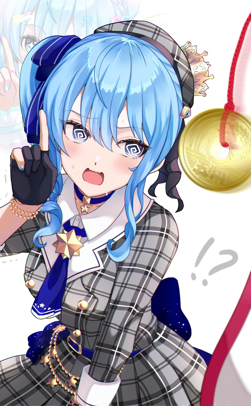 !? 1girl @_@ beret blue_choker blue_eyes blue_hair blush choker coin coin_on_string dress gloves grey_headwear hair_between_eyes hair_ribbon hat highres holed_coin hololive hoshimachi_suisei hypnosis jacket jewelry kudoukudokudo looking_at_viewer medium_hair mind_control official_alternate_hair_length official_alternate_hairstyle open_mouth partially_fingerless_gloves pendulum plaid plaid_dress plaid_headwear plaid_jacket ribbon side_ponytail solo star_(symbol) star_choker star_in_eye symbol_in_eye virtual_youtuber