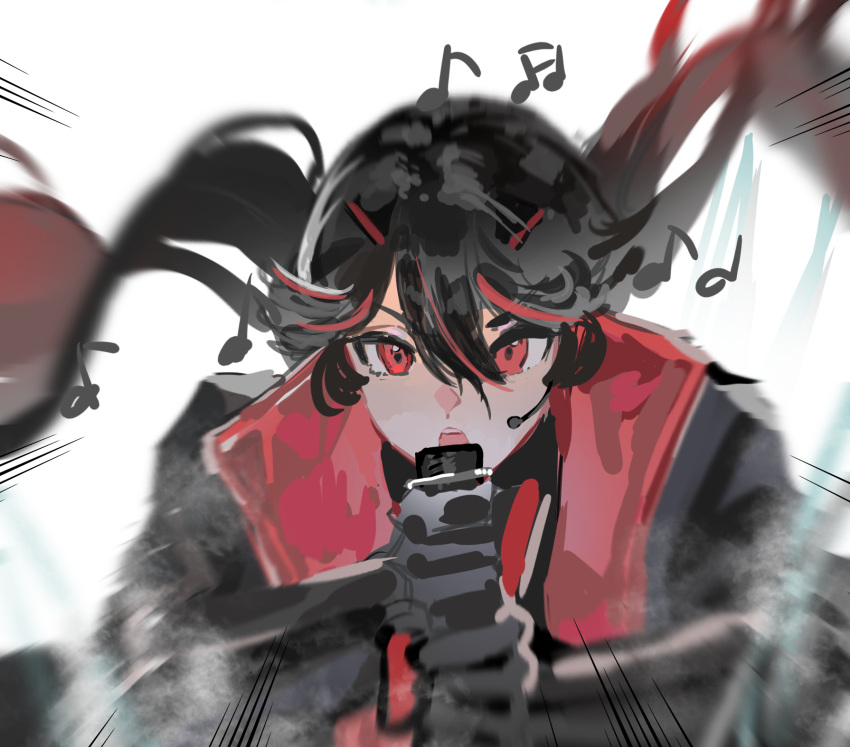 black_hair black_jacket gradient_hair hair_between_eyes highres holding holding_microphone jacket lucia:_plume_(eventide_glow)_(punishing:_gray_raven) lucia_(punishing:_gray_raven) mechanical_arms microphone multicolored_hair music musical_note open_mouth punishing:_gray_raven red_eyes red_hair red_jacket singing streaked_hair studio_microphone teeth twintails upper_teeth_only yongsadragon