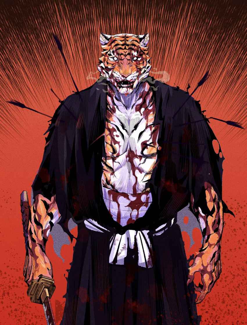 1boy animal_ears arrow_(projectile) blood blood_on_arm blood_on_chest blood_on_clothes blood_on_face blood_on_hands blood_on_weapon breath claws commentary fangs furry furry_male highres holding holding_sword holding_weapon injury japanese_clothes katana llishifu male_focus no_pupils no_shirt open_mouth original red_background solo stab standing sword symbol-only_commentary tiger_boy tiger_ears upper_body weapon white_eyes white_fur