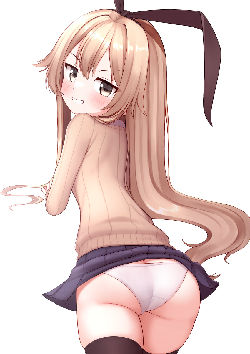1girl absurdres ass black_skirt black_thighhighs blonde_hair blush cowboy_shot from_behind grin hair_between_eyes highres kantai_collection long_hair long_sleeves looking_at_viewer miniskirt panties pleated_skirt ribbed_sweater shimakaze_(kancolle) simple_background skirt smile solo sweater thighhighs tiemu_(man190) underwear white_background white_panties yellow_eyes yellow_sweater