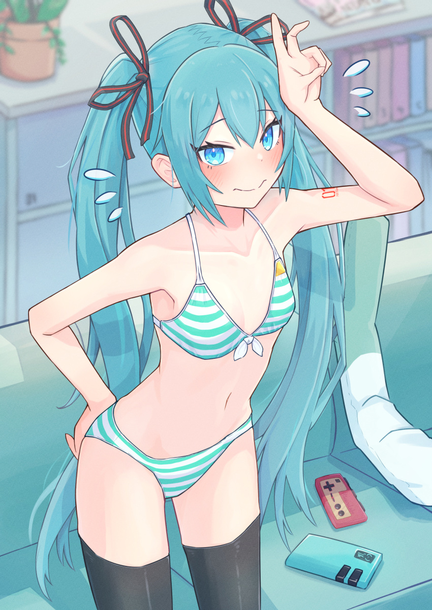 1girl bare_shoulders bikini blue_eyes blue_hair book bookshelf breasts cellphone controller couch game_controller gamepad hatsune_miku highres long_hair midriff navel phone small_breasts solo standing striped striped_bikini swimsuit vocaloid yasuno-labo