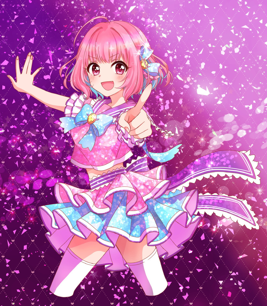 1girl ahoge blue_skirt chiaki1126iove cropped_legs cropped_shirt fang frills hair_intakes hair_ribbon highres idolmaster idolmaster_cinderella_girls multicolored_hair open_mouth outstretched_arms pink_eyes pink_hair pink_shirt pink_skirt pointing pointing_at_viewer purple_background purple_sailor_collar ribbon sailor_collar shirt skirt solo sparkle star_(symbol) star_print thighhighs thighs twisted_torso two-tone_hair v-shaped_eyebrows white_thighhighs yumemi_riamu