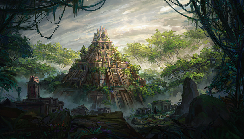 abandoned absurdres building cloud cloudy_sky critical_role english_commentary fantasy fog highres idrawbagman jungle moss nature outdoors overgrown plant pyramid_(structure) rock ruins scenery shadow sky sunlight temple tree vines wide_shot