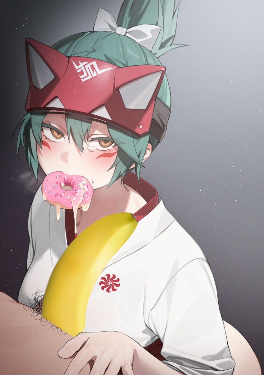 1boy 1girl absurdres banana bechu blush bow brown_eyes censored commentary_request cum cum_on_food doughnut facial_mark food fox_mask fruit gradient_background green_hair grey_background hair_between_eyes hair_bow half_mask hetero highres japanese_clothes kimono kiriko_(overwatch) korean_commentary looking_at_viewer male_pubic_hair mask novelty_censor out_of_frame overwatch overwatch_2 penis pubic_hair sidelocks tearing_up topknot upper_body white_bow white_kimono