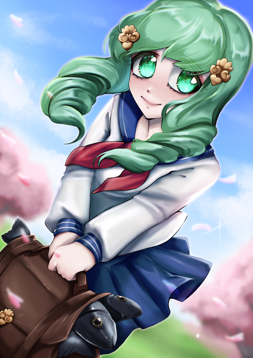 absurdres alternate_universe bag cherry_blossoms contemporary fire_emblem fire_emblem:_three_houses fish flayn_(fire_emblem) green_eyes green_hair hair_ornament hairclip highres mothman1930 non-web_source school_bag school_uniform self-upload