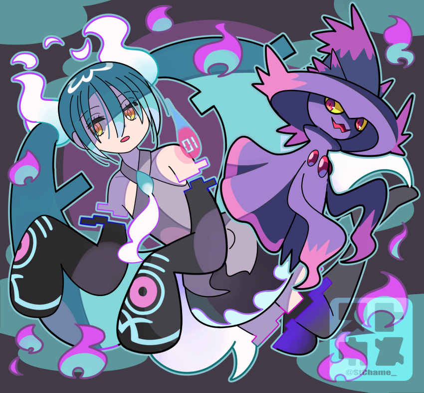 1girl bare_shoulders commentary_request crossover detached_sleeves dress eyelashes ghost_miku_(project_voltage) green_hair grey_dress hair_between_eyes hatsune_miku highres long_hair mismagius open_mouth outline pokemon pokemon_(creature) project_voltage sleeves_past_fingers sleeves_past_wrists sutokame thighhighs twintails vocaloid watermark yellow_eyes