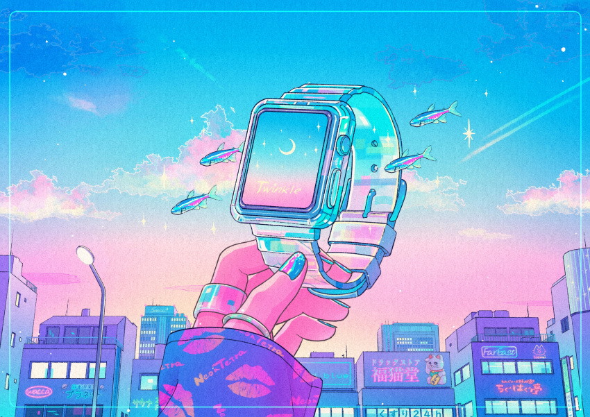 1girl apple_watch aqua_nails artist_name blue_sky border building city cloud commentary crescent_moon evening female_pov fish hand_up highres holding jewelry lamppost long_sleeves moon multicolored_nails multiple_rings nail_polish neon_lights neon_tetra original out_of_frame outdoors pov pov_hands purple_nails ring sky sleeves_past_wrists smartwatch solo sparkle tropical_fish wacca005 watch wristwatch