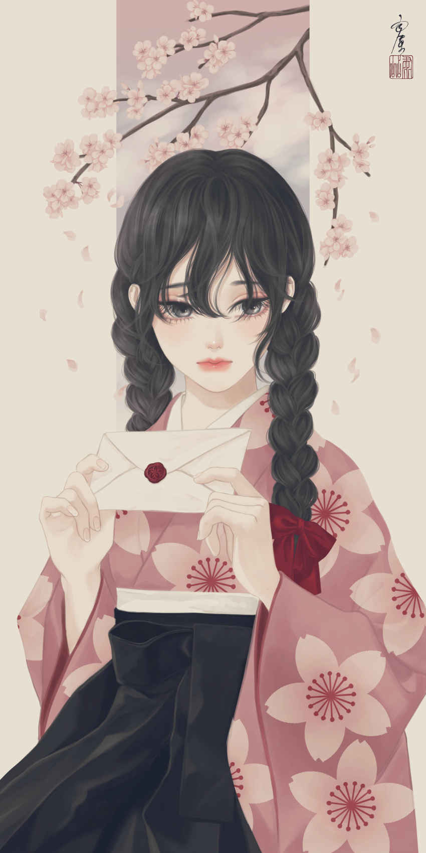 1girl absurdres black_eyes black_hair black_hakama black_skirt braid branch cherry_blossom_print cherry_blossoms closed_mouth commentary_request envelope floral_print flower hair_between_eyes hair_over_shoulder hair_ribbon hakama hakama_skirt highres holding holding_envelope holding_letter japanese_clothes kimono letter long_hair long_sleeves looking_at_viewer original outside_border petals pink_flower pink_kimono print_kimono red_ribbon ribbon seal_impression signature skirt solo twin_braids ushiyama_ame wax_seal wide_sleeves
