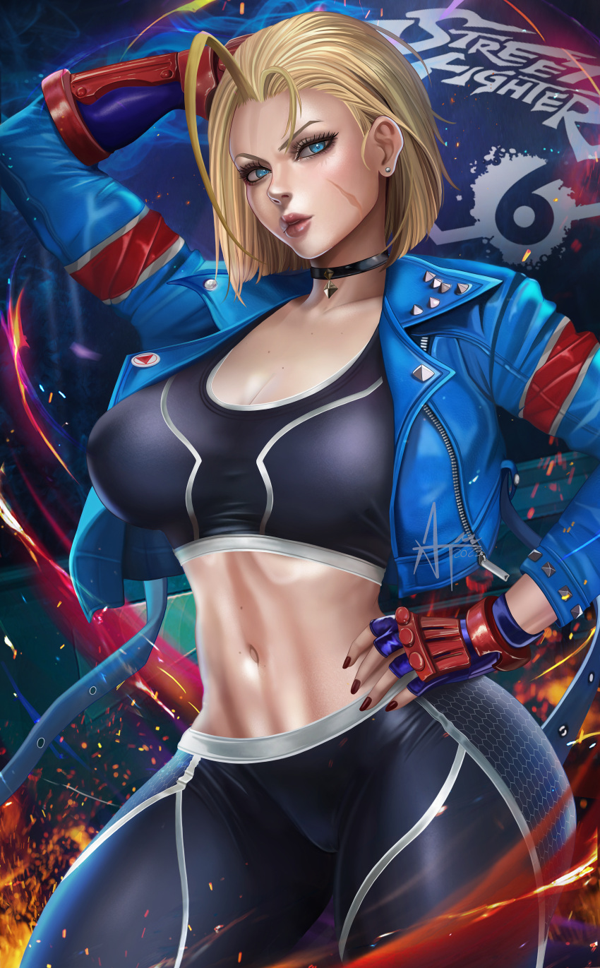 absurdres black_sports_bra blonde_hair breasts cammy_white capripants choker cleavage english_text green_eyes hair_between_eyes highres jacket large_breasts linea_alba looking_at_viewer md5_mismatch midriff navel open_clothes open_jacket open_mouth pants realistic resolution_mismatch scar scar_on_cheek scar_on_face short_hair smile solo source_smaller sports_bra up