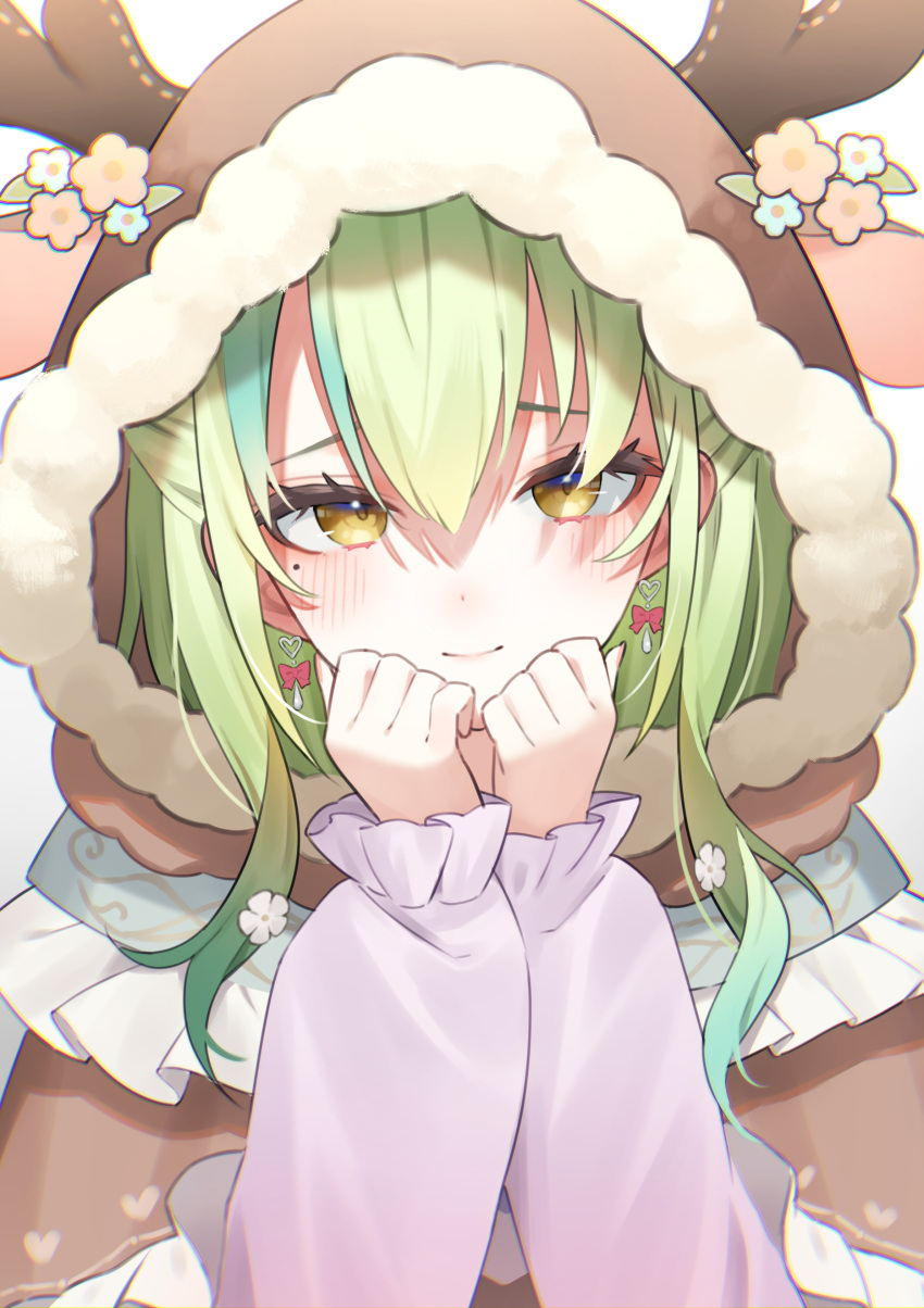 1girl absurdres animal_ears animal_hood blush bow bow_earrings brown_capelet capelet ceres_fauna ceres_fauna_(jirai_kei) clenched_hand deer_hood earrings fake_animal_ears fake_horns flower frills fur-trimmed_capelet fur-trimmed_hood fur_trim green_hair gukurosawa01 hair_flower hair_ornament highres hololive hololive_english hood hood_up hooded_capelet horned_hood horns jewelry long_hair long_sleeves looking_at_viewer mole mole_under_eye multicolored_hair official_alternate_costume pink_shirt shirt smile solo streaked_hair virtual_youtuber white_background yellow_eyes