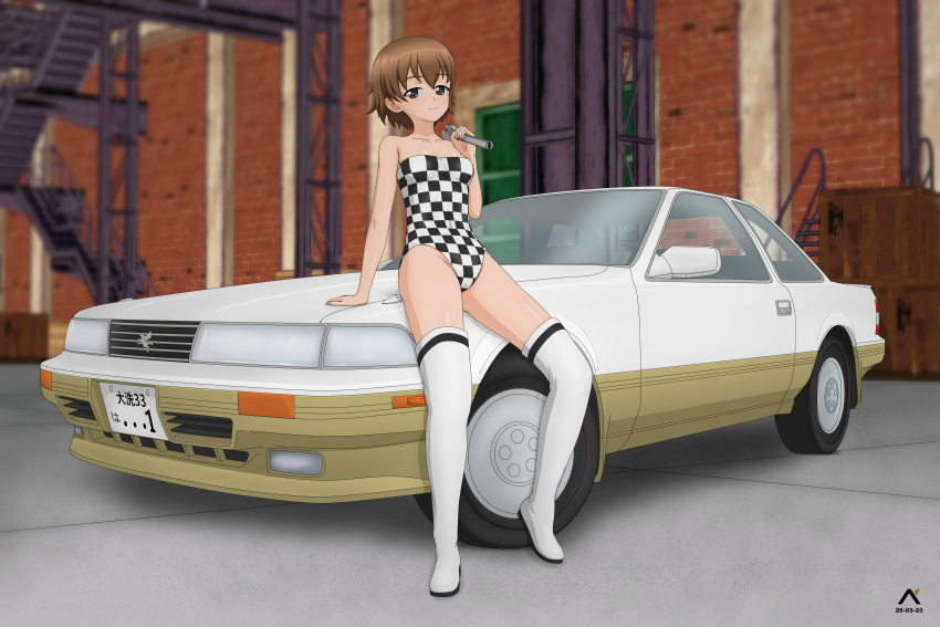1girl absurdres acrux alternate_costume artist_logo bare_shoulders black_leotard blurry blurry_background boots brown_eyes brown_hair checkered_leotard closed_mouth commentary dated depth_of_field english_commentary freckles girls_und_panzer highres holding holding_wrench indoors leotard looking_at_viewer on_vehicle race_queen short_hair sitting smile solo strapless strapless_leotard thigh_boots tsuchiya_(girls_und_panzer) white_footwear wrench