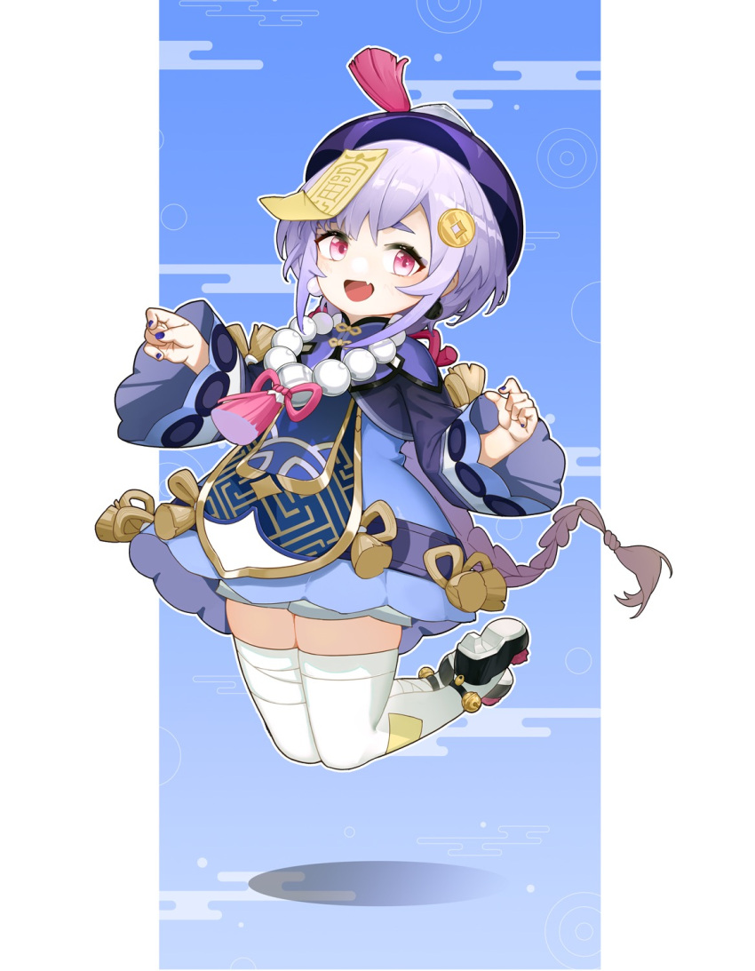1girl :d azema bead_necklace beads black_nails blue_shorts cape chinese_clothes coin_hair_ornament commentary_request genshin_impact hair_between_eyes hair_ornament hat highres jewelry jiangshi jumping long_hair long_sleeves looking_at_viewer low_ponytail nail_polish necklace ofuda purple_eyes purple_hair qing_guanmao qiqi_(genshin_impact) shorts sidelocks simple_background smile solo thighhighs white_thighhighs zettai_ryouiki