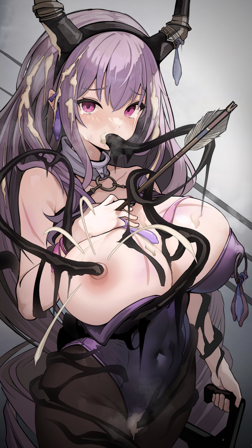 1girl absurdres alternate_costume arknights arrow_(projectile) bare_arms bare_shoulders black_hairband black_pantyhose breasts cleavage commentary_request condom covered_navel covered_nipples cowboy_shot cum cum_on_body cum_on_breasts cum_on_hair facial fellatio hairband highres horns irrumatio large_breasts leotard leotard_pull long_hair looking_at_viewer muzhucunmuzhucun nipple_penetration nipple_piercing nipple_rings nipples one_breast_out open_mouth oral pantyhose piercing piercing_through_clothes purple_eyes purple_hair purple_leotard scar single_nipple_piercing solo standing strapless strapless_leotard tearing_up tears tentacles typhon_(arknights) used_condom v-shaped_eyebrows very_long_hair