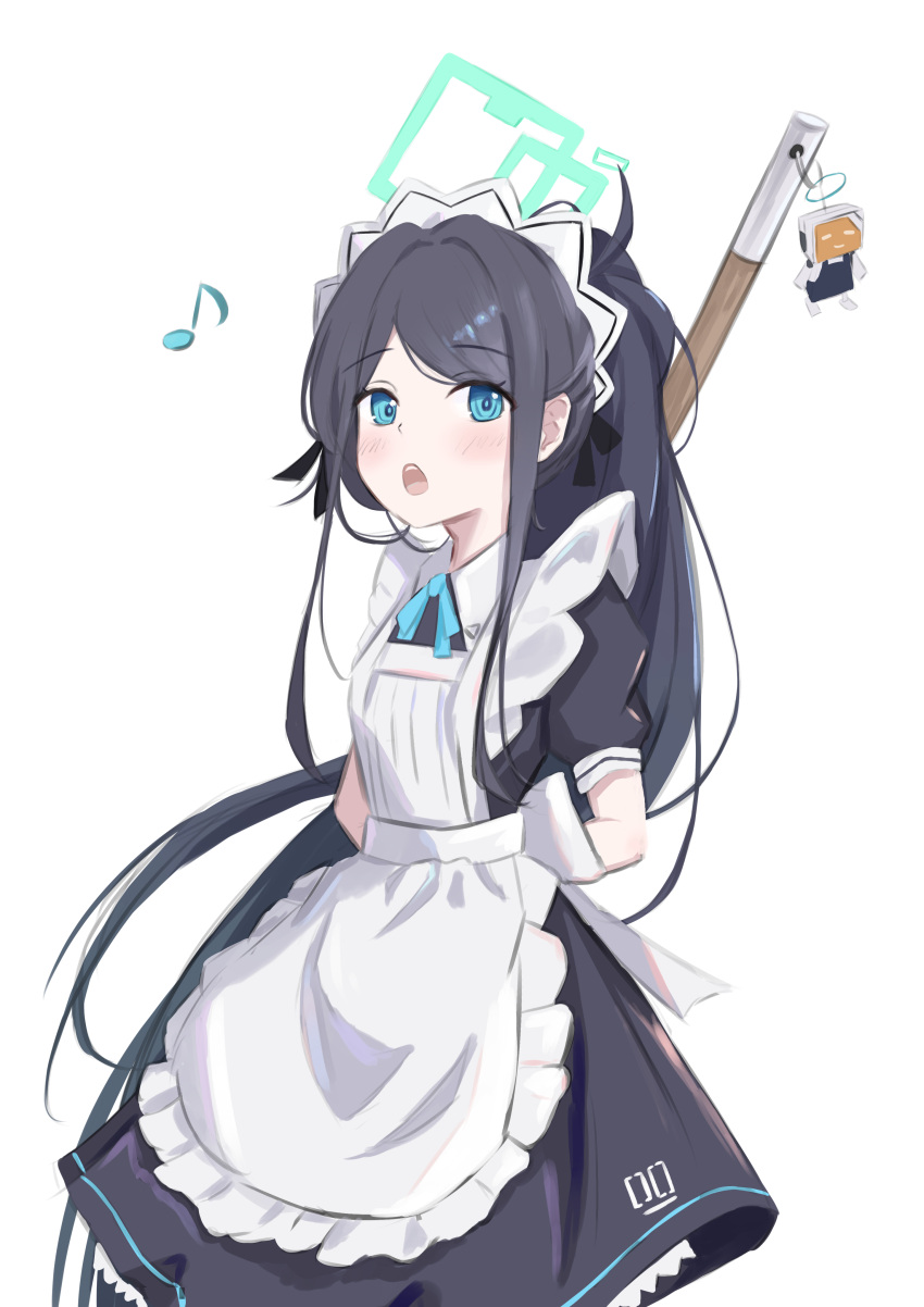 1girl absurdres apron aris_(blue_archive) aris_(maid)_(blue_archive) arms_behind_back black_dress black_hair blue_archive blue_eyes blue_ribbon blush collared_dress commentary_request cowboy_shot dress green_halo halo highres long_hair looking_at_viewer maid musical_note neck_ribbon neranainerune official_alternate_costume open_mouth partial_commentary ponytail puffy_short_sleeves puffy_sleeves ribbon short_sleeves sidelocks simple_background solo standing toy_robot very_long_hair white_apron white_background