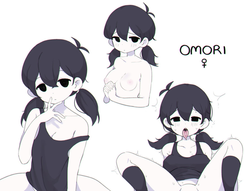 1girl black_eyes black_hair black_tank_top blush breasts character_name clarevoir colored_skin genderswap genderswap_(mtf) highres implied_sex long_hair multiple_views nipples no_shirt nude off_shoulder omori omori_(omori) open_mouth shirt small_breasts solo tank_top tongue tongue_out trembling upper_body venus_symbol white_skin