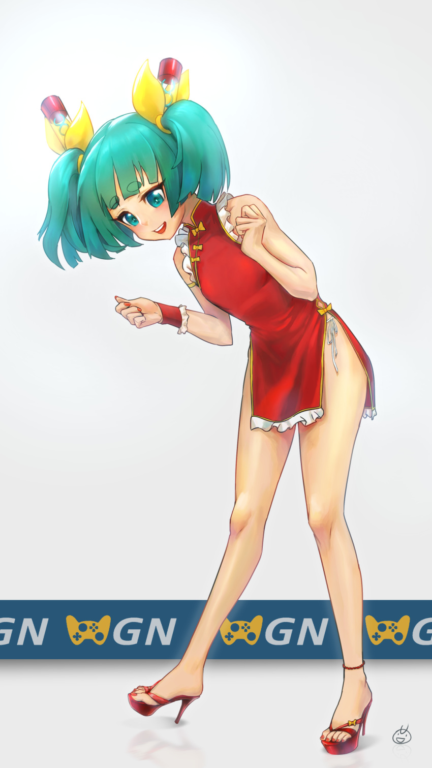 1girl :d acfun armlet artist_logo bare_arms bare_legs bare_shoulders blunt_bangs bow china_dress chinese_clothes dress flat_chest frilled_dress frilled_wristband frills full_body green_eyes green_hair hair_bow hair_ornament hands_up high_heels highres leaning_forward legs_apart looking_down medium_hair red_dress red_footwear red_nails red_wristband reed_girl reflection reflective_floor sandals short_eyebrows side-tie_peek sleeveless sleeveless_dress smile solo standing teeth twintails ud_terry upper_teeth_only white_background wristband yellow_bow