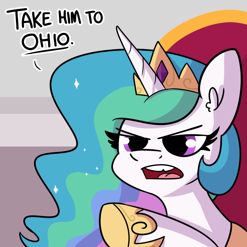 1:1 2021 absurd_res angry blue_hair clothing crown dialogue digital_media_(artwork) equid equine eyelashes female feral footwear friendship_is_magic fur green_hair hair half-closed_eyes hasbro headgear hi_res horn humor inner_ear_fluff mammal multicolored_hair my_little_pony narrowed_eyes ohio open_mouth pink_eyes pink_hair princess_celestia_(mlp) purple_hair shoes teeth tjpones tuft unicorn white_body white_fur