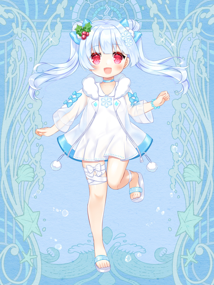 1girl :d blue_background blue_choker blush breasts choker collarbone collared_dress copyright_request double_bun dress grey_hair hair_bun hair_ornament highres jacket long_hair long_sleeves looking_at_viewer official_art open_clothes open_jacket red_eyes sandals seashell see-through shell shikito sleeveless sleeveless_dress small_breasts smile snowflake_hair_ornament solo standing standing_on_one_leg starfish twintails white_dress white_footwear