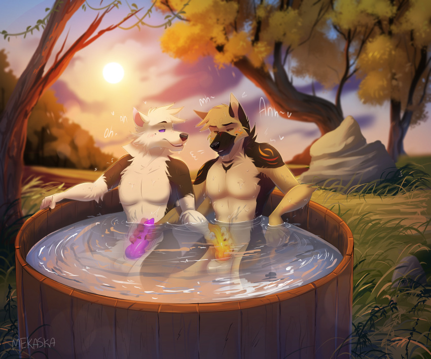 absurd_res animal_genitalia anthro asher_(gshep) canid canine canine_genitalia canis decker_(deckershepherd) detailed_background digital_media_(artwork) digital_painting_(artwork) domestic_dog duo forest genitals german_shepherd glowing glowing_genitalia glowing_penis herding_dog hi_res hot_tub looking_pleasured male male/male mammal mekaska mutual_masturbation nature nature_background outside outside_sex pastoral_dog penis plant plantigrade tree wilderness