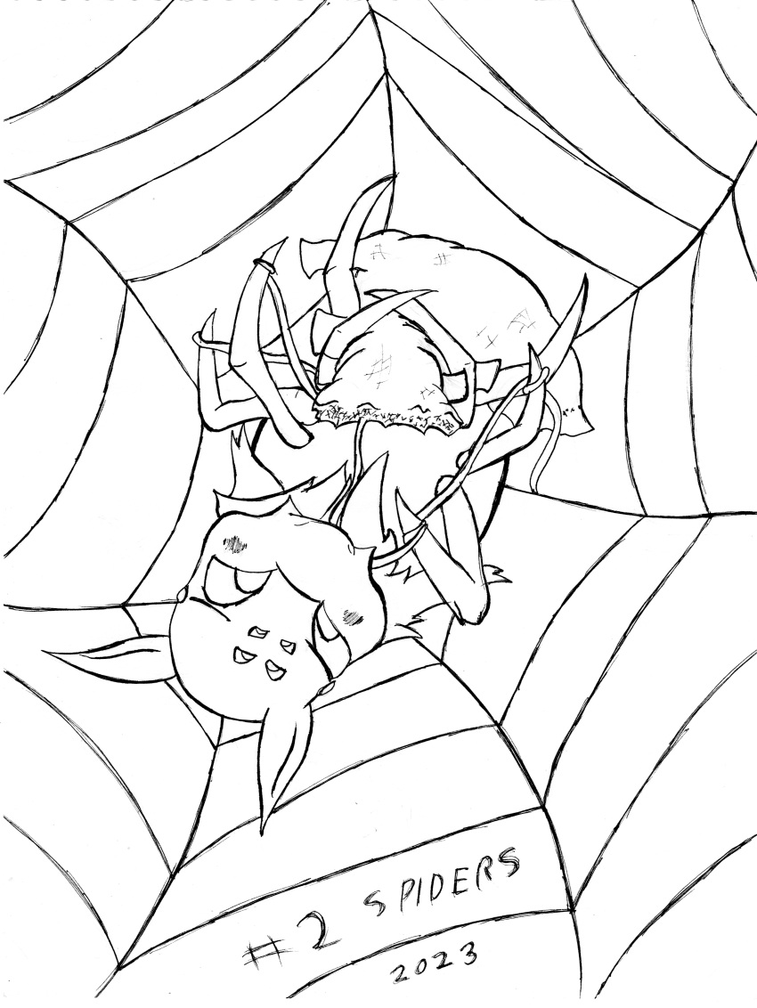 2023 8_eyes 8_legs absurd_res arachnid arthropod black_and_white blush blush_lines diaper english_text female feral hi_res inktober inktober_2023 knitting kumoko line_art looking_down lying m3g4 monochrome multi_eye number octoped open_diaper so_i'm_a_spider_so_what? solo spider spider_web spider_web_background text traditional_media_(artwork) year young