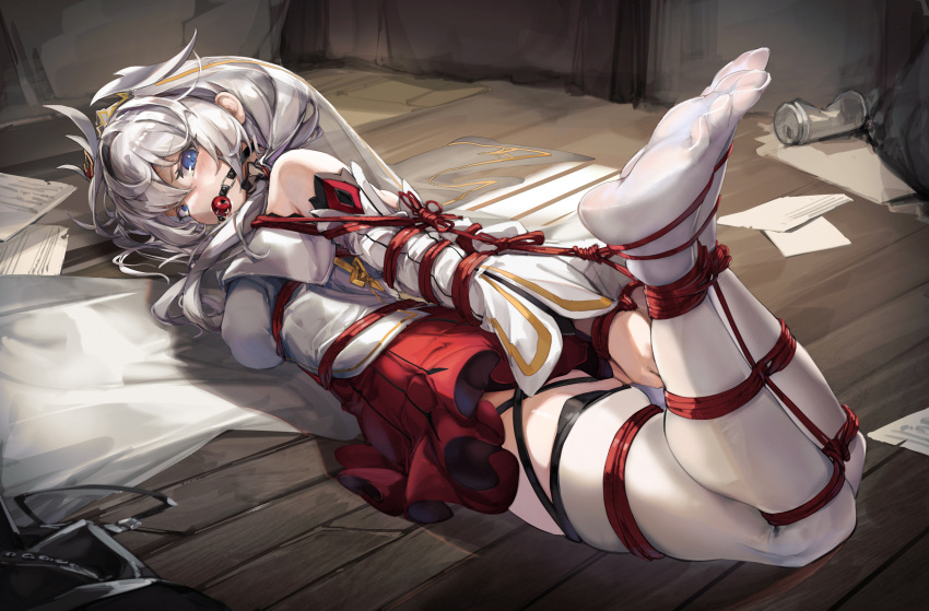 1girl absurdres arms_behind_back bare_shoulders bdsm blue_eyes blush bondage bound bound_ankles bound_arms bound_legs breasts closed_mouth detached_sleeves dress feet full_body gag gagged hair_between_eyes hair_ornament highres hogtie honkai_(series) honkai_impact_3rd indoors kidnapping legs long_hair looking_at_viewer lying medium_breasts no_shoes on_floor on_stomach paper red_rope red_skirt restrained rope shibari shibari_over_clothes side_ponytail skindentation skirt soles solo theresa_apocalypse theresa_apocalypse_(celestial_hymn) thighhighs thighs toes white_dress white_hair white_thighhighs wiffle_gag wooden_floor xun_li_eins