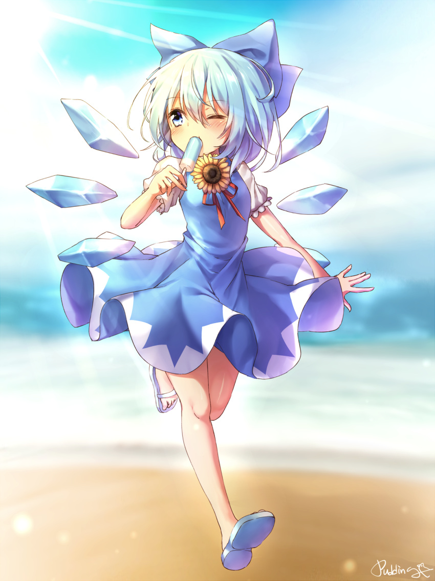 1girl artist_name blue_bow blue_dress blue_eyes blue_footwear blue_hair blush bow cirno collared_shirt detached_wings dress fairy flower food full_body hair_between_eyes hair_bow highres holding holding_food ice ice_wings one_eye_closed popsicle pudding_(skymint_028) sandals shirt short_hair short_sleeves signature solo sunflower tanned_cirno touhou white_shirt wings yellow_flower