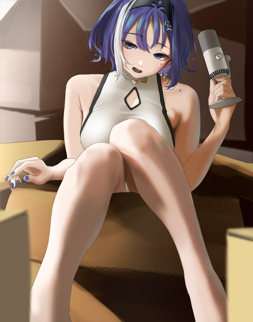 .live 1girl bare_shoulders blue_eyes blue_hair blue_nails box breasts dress hair_between_eyes hair_ornament hairclip highres holding holding_microphone in_box in_container izayoi_chihaya jewelry looking_at_viewer medium_breasts microphone mole mole_on_shoulder mole_under_eye open_mouth short_hair sitting solo tama_(tamago) two-tone_eyes virtual_youtuber white_hair