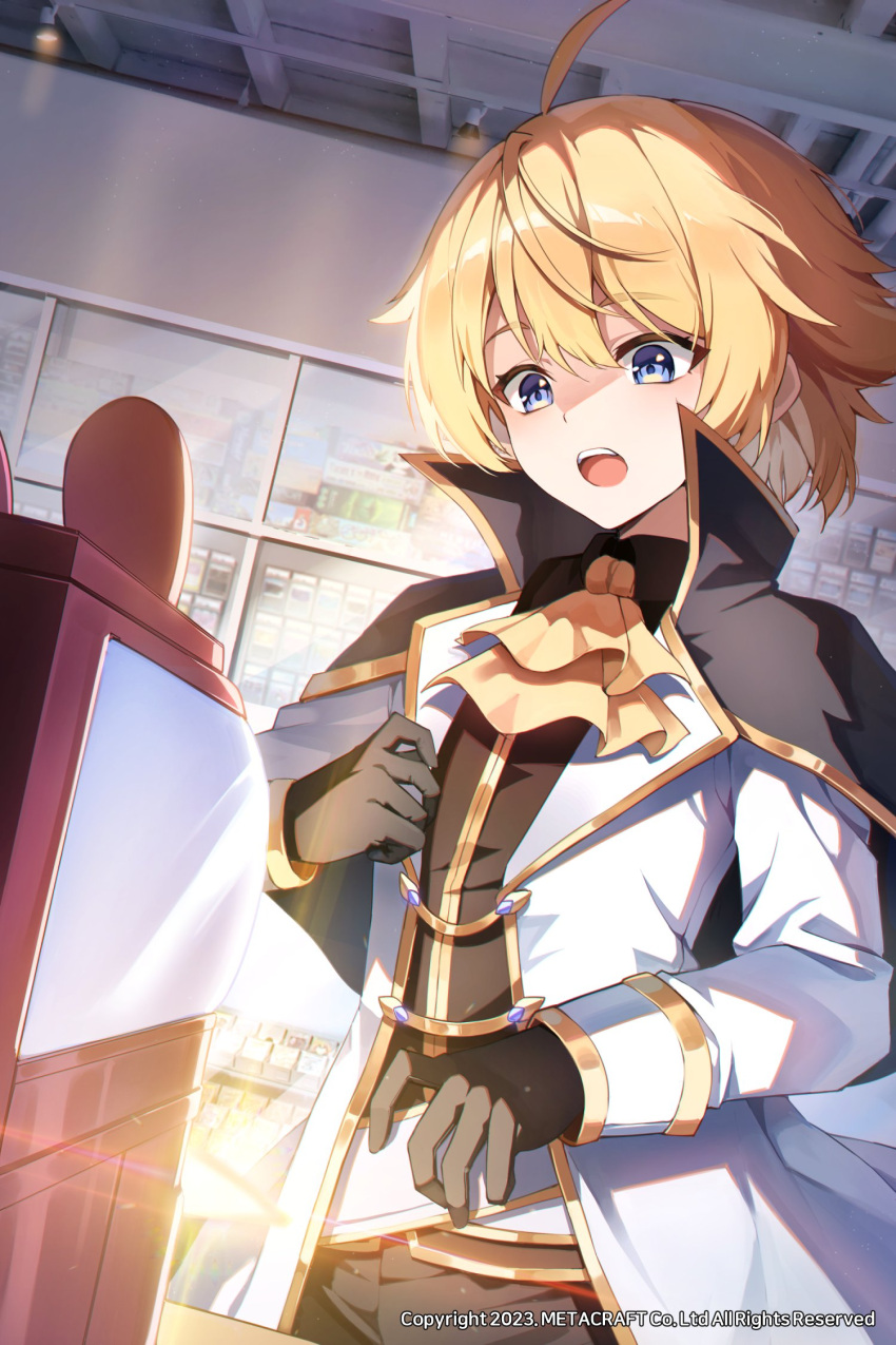 1girl black_cape black_gloves black_pants blonde_hair blue_eyes cape character_request copyright_request gloves highres jacket long_sleeves open_mouth pants short_hair solo teeth tongue ugwa white_jacket