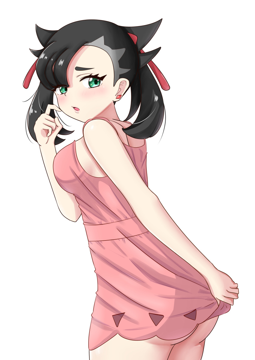 1girl absurdres ass black_hair blush breasts dress dress_tug earrings green_eyes highres jewelry maho_(corotonton5150) marnie_(pokemon) medium_breasts open_mouth pink_dress pokemon pokemon_(game) pokemon_swsh short_dress simple_background solo stud_earrings twintails white_background