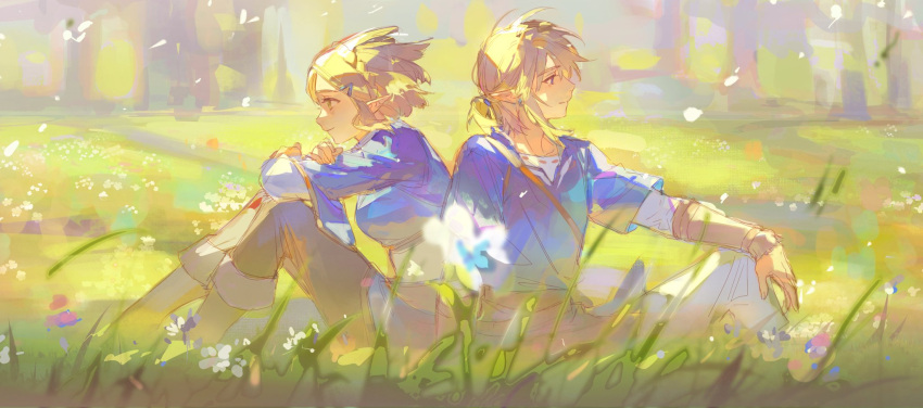 1boy 1girl adapted_costume back-to-back blonde_hair blue_eyes braid crown_braid flower grass green_eyes hair_ornament highres official_alternate_hair_length official_alternate_hairstyle on_ground parted_bangs pointy_ears renjian_shilian short_hair sidelocks sitting the_legend_of_zelda the_legend_of_zelda:_tears_of_the_kingdom