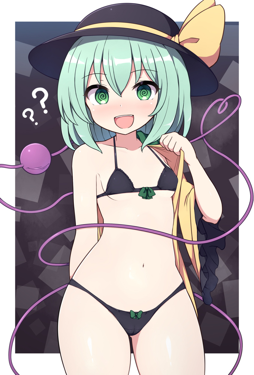 1girl :d ? @_@ bare_shoulders black_bra black_headwear black_panties blouse blush bow bow_bra bow_panties bra breasts brown_background collarbone cowboy_shot eyeball frilled_sleeves frills green_bow green_eyes green_hair hat hat_bow hat_ribbon heart heart_of_string highres hypnosis komeiji_koishi light_blush looking_at_viewer mind_control navel open_mouth panties petite ribbon rizento shirt short_hair short_sleeves small_breasts smile solo square teeth thighs third_eye touhou underwear undressing upper_teeth_only wide_sleeves yellow_ribbon yellow_shirt