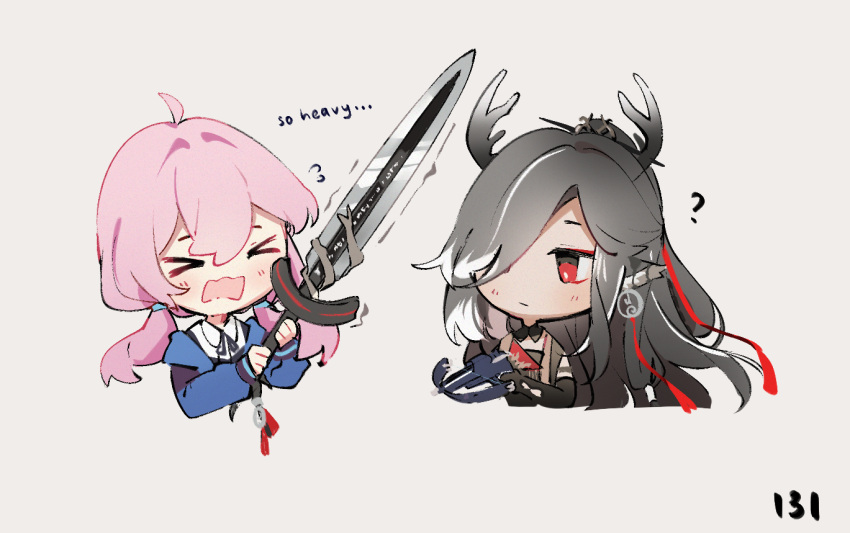 &gt;_&lt; 2girls ? ahoge animal_ears antlers arknights black_gloves black_ribbon blue_jacket blue_poison_(arknights) blush chibi closed_eyes closed_mouth collared_shirt cropped_torso crossbow dailybloopy deer_antlers deer_girl detached_collar dress_shirt elbow_gloves english_text floating_hair gloves grey_background grey_hair hair_between_eyes hair_over_one_eye holding holding_crossbow holding_sword holding_weapon hood hooded_jacket jacket long_hair long_sleeves low_twintails multicolored_hair multiple_girls neck_ribbon open_clothes open_jacket open_mouth pink_hair pointy_ears qiubai_(arknights) red_eyes ribbon shirt sidelocks simple_background streaked_hair sword twintails two-tone_hair upper_body weapon weapon_switch white_hair white_shirt