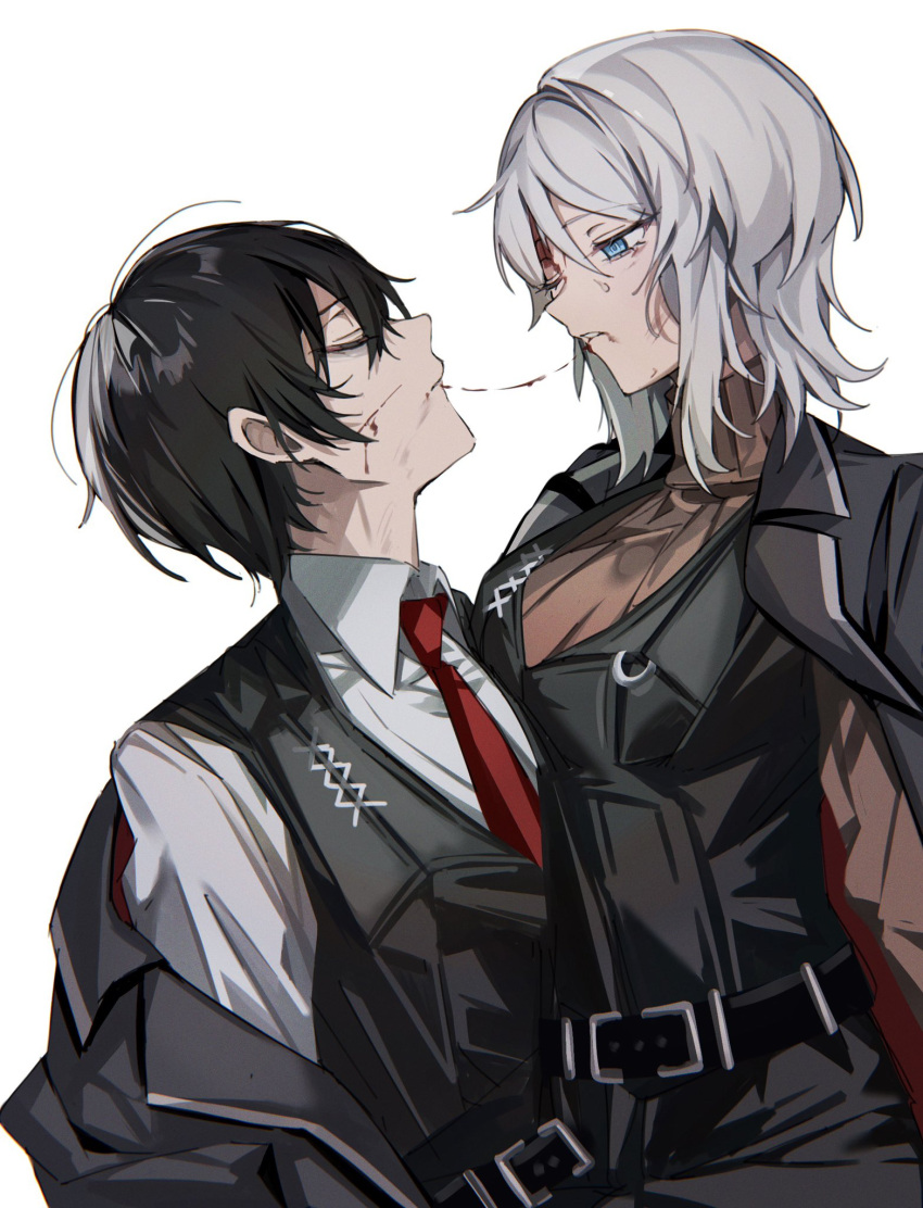 1boy 1girl black_hair blood blood_on_face blue_eyes character_request closed_eyes cowboy_shot highres kiss limbus_company mu46016419 project_moon saliva saliva_trail simple_background sweater white_background white_hair yi_sang_(project_moon)