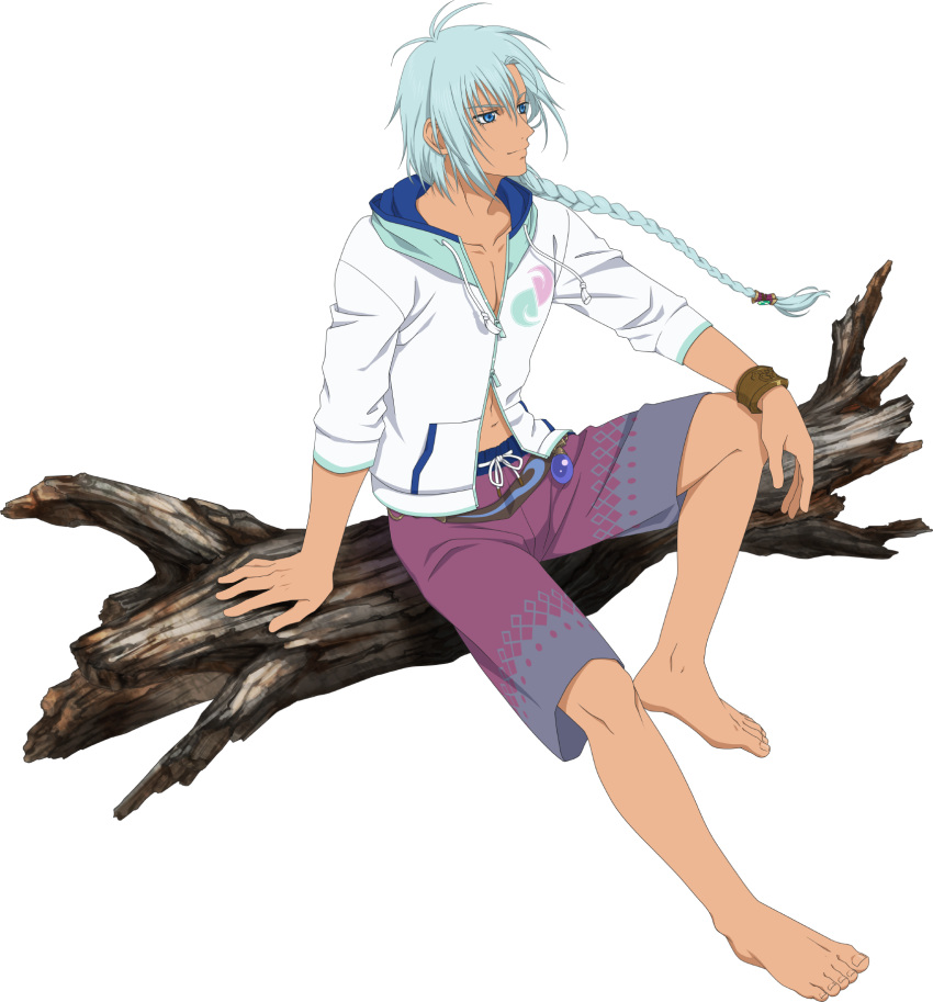 1boy aqua_hair barefoot blue_eyes braid english_commentary feet hair_between_eyes highres legs long_hair male_focus male_swimwear official_art shirt sitting solo swim_trunks tales_of_(series) tales_of_asteria tales_of_rebirth toenails toes transparent_background veigue_lungberg