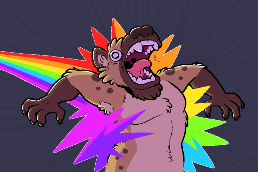 2023 anthro armpit_hair bodily_fluids body_hair claws crazy-go-lucky_(artist) crazy-go-lucky_(character) ear_piercing emanata fur grey_background hi_res humor hyena lgbt_pride light light_beam male mammal nude open_mouth piercing pride_colors rainbow rainbow_pride_colors saliva screaming simple_background solo spotted_hyena surprised_expression teeth themongrel tongue tongue_out tuft wide_eyed