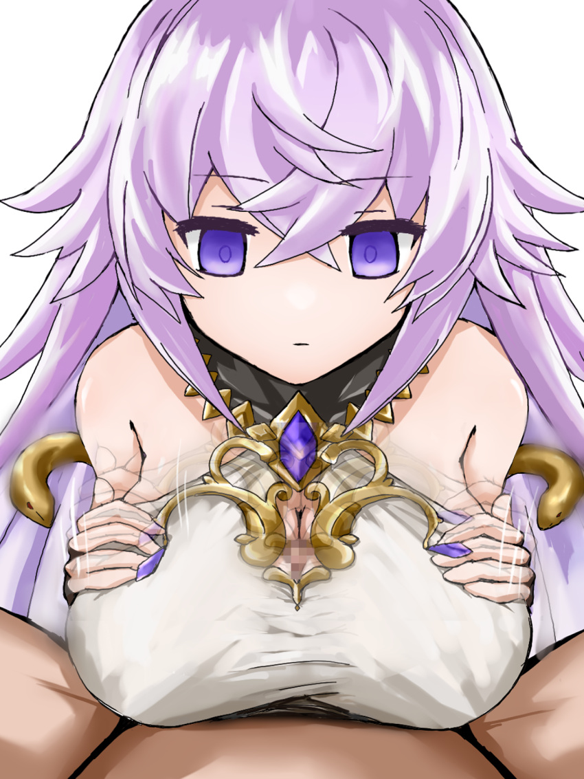 1boy 1girl breast_hold breasts censored cleavage_cutout clothing_cutout empty_eyes expressionless grimms_notes highres huge_breasts long_hair looking_down magic_mirror_(grimms_notes) mosaic_censoring paizuri paizuri_under_clothes penis pompurinpurin pov purple_eyes purple_hair simple_background solo_focus white_background