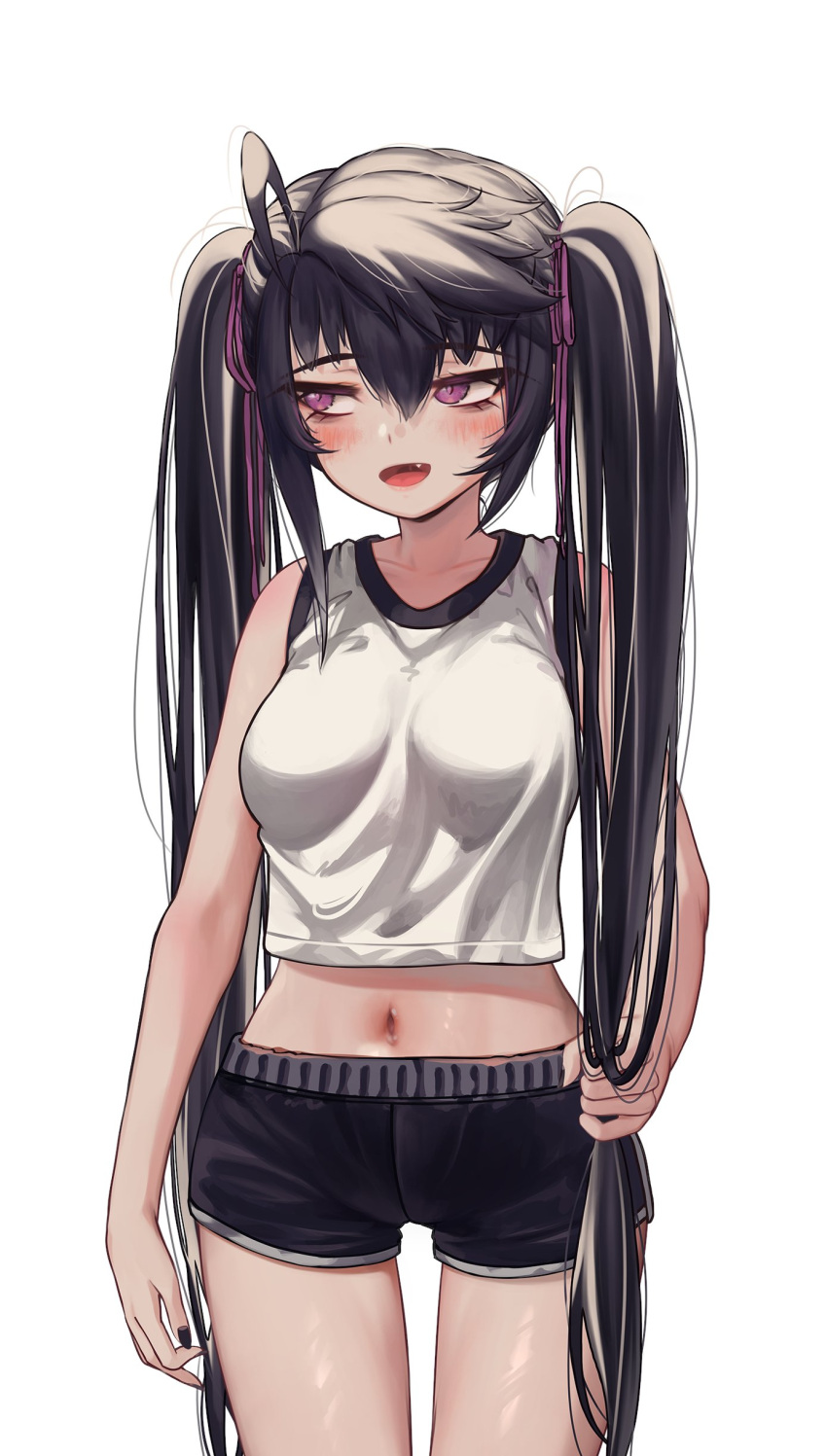 1girl absurdres black_hair black_nails black_shorts blush breasts collarbone crop_top cropped_shirt fang highres long_hair looking_to_the_side medium_breasts navel open_mouth original priite_hari_(torriet) purple_eyes shirt short_shorts shorts smile solo torriet twintails white_shirt