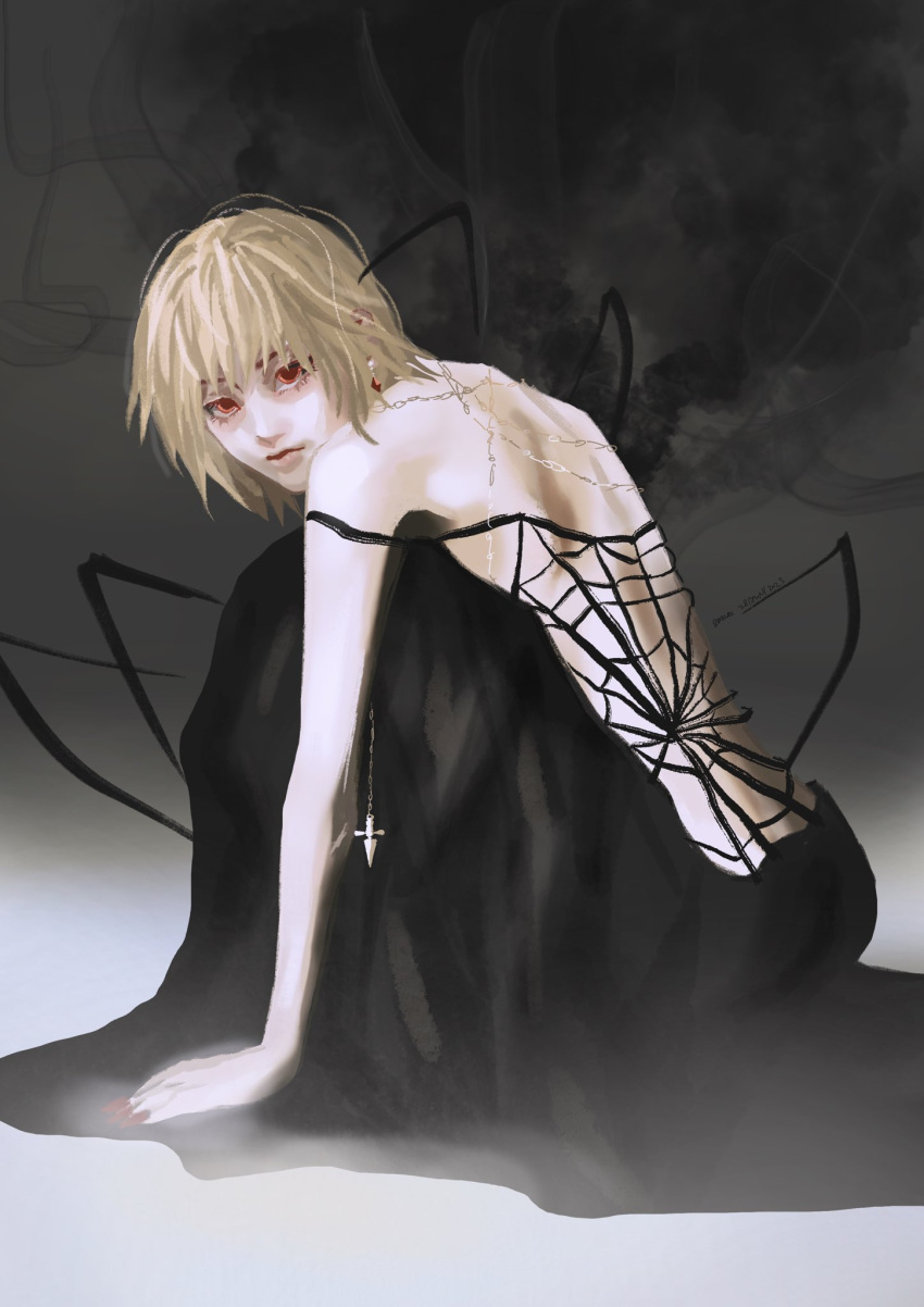 1other androgynous bare_shoulders black_dress blonde_hair chain chinyu11988612 crystal_earrings dress earrings formal full_body highres hunter_x_hunter jewelry kurapika looking_at_viewer looking_back nen_(hunter_x_hunter) red_eyes short_hair sitting solo spider_web_print