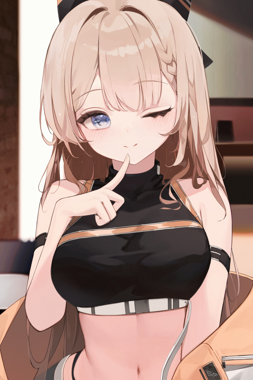 1girl absurdres arm_strap artist_request bare_shoulders belt black_shirt blonde_hair blue_eyes blurry bow braid breasts closed_mouth commission crop_top depth_of_field finger_to_mouth hair_bow hand_up highleg highres indoors large_breasts long_hair looking_at_viewer midriff navel off_shoulder one_eye_closed original panty_straps second-party_source shirt sleeveless sleeveless_shirt smile solo sonya_(schan) stomach upper_body very_long_hair