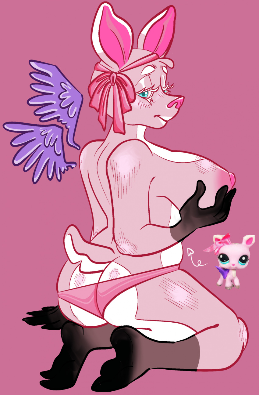 anthro anthrofied blue_eyes blush blush_lines bow_ribbon breasts burgerkingbongwater butt butt_cleavage butt_heart clothed clothing deer eyelashes feathered_wings feathers female fur gloves_(marking) hasbro hi_res hooved_toes kneeling leg_markings littlest_pet_shop lps_1819 mammal markings nipples panties panties_only pink_body pink_fur real reference_image scut_tail short_tail smile socks_(marking) solo tail topless toy underwear underwear_only white_eyelashes wings