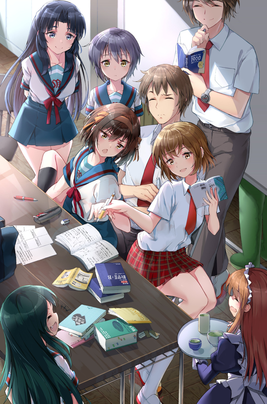 2boys 6+girls :d absurdres apron arms_behind_back asahina_mikuru asakura_ryouko bag black-socks blue_eyes blue_hair blue_sailor_collar blue_skirt book bookmark breast_pocket brown_eyes brown_hair brown_pants chair closed_eyes closed_mouth collared_shirt commentary_request cup dress eraser frilled_apron frills green_hair hair_ribbon hairband highres holding holding_book holding_pen holding_tray kita_high_school_uniform koizumi_itsuki kyon long_hair long_sleeves maid maid_apron maid_headdress medium_hair mug multiple_boys multiple_girls nagato_yuki necktie official_alternate_costume open_book open_mouth pants parted_bangs pen plaid plaid_skirt pleated_skirt pocket puffy_long_sleeves puffy_sleeves purple_dress purple_hair red_necktie red_ribbon red_skirt ribbon sailor_collar sasaki_(suzumiya_haruhi) school_bag school_uniform serafuku shiroyu shirt shoes short_hair short_sleeves sitting skirt smile socks standing summer_uniform suzumiya_haruhi suzumiya_haruhi_no_yuuutsu table tea teacup tray tsuruya uwabaki watch white_footwear white_shirt white_socks wristwatch yellow_eyes yellow_hairband yellow_ribbon