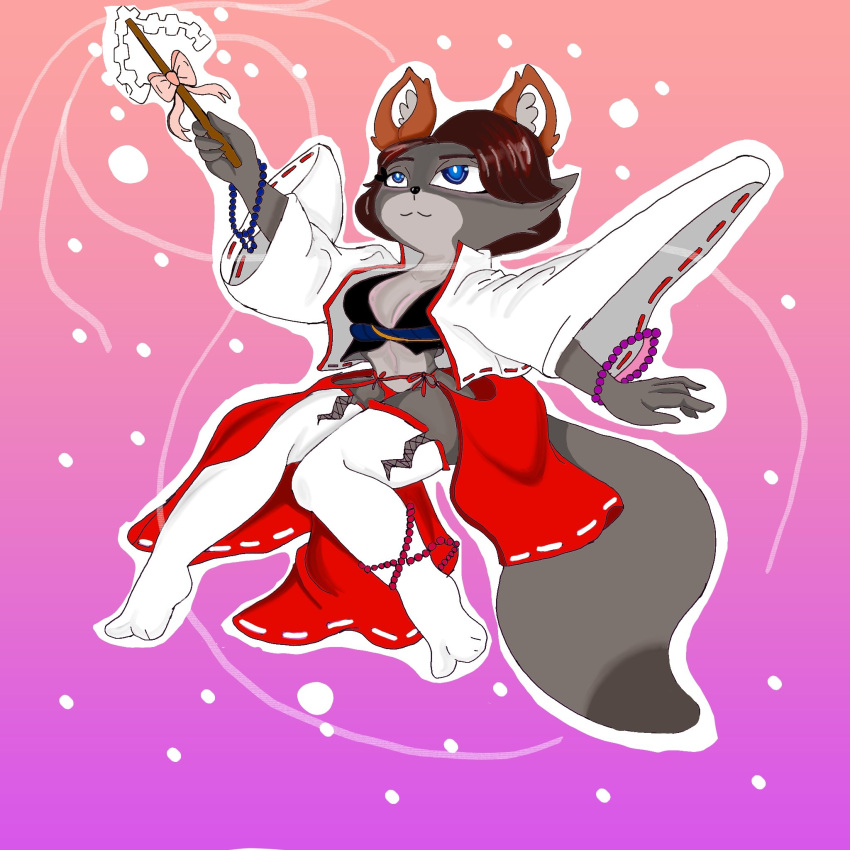 2022 anthro asian_clothing blue_eyes breasts brown_hair canid canine clothing east_asian_clothing elchuydra female fox fur gohei grey_body grey_fur hair hi_res japanese_clothing legwear mammal medium_breasts miko_outfit multicolored_body multicolored_fur prayer_beads shrine_maiden solo thigh_highs two_tone_body two_tone_fur