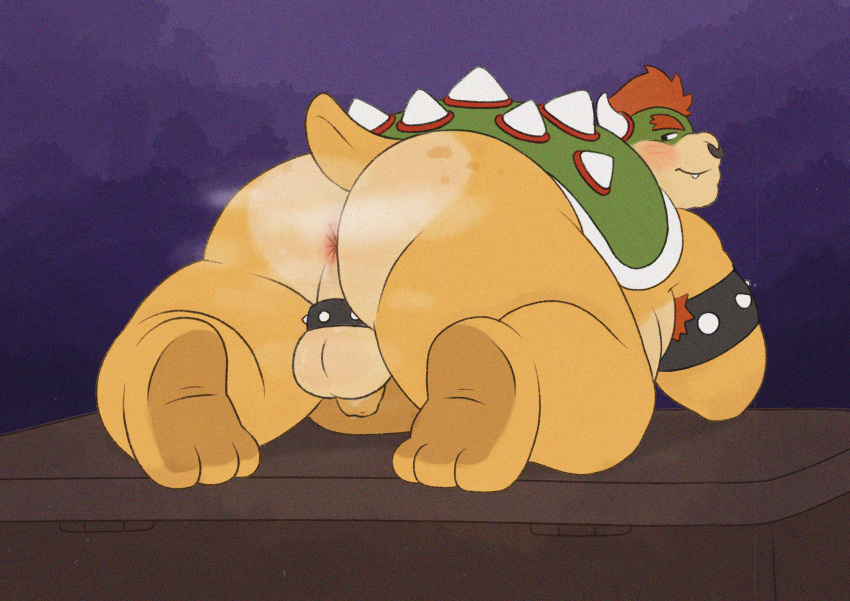 absurd_res anthro anus bowser butt butt_focus chubby_male feet freckles hi_res inkyflush koopa male male/male mario_bros musk musk_clouds musk_fetish musky_balls musky_butt nintendo overweight overweight_male scalie slightly_chubby solo testicle_cuff