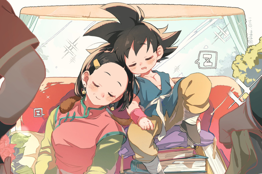 1boy 2boys age_difference black_hair blush breasts chi-chi_(dragon_ball) closed_eyes dougi dragon_ball dragon_ball_gt drooling highres husband_and_wife leaning_on_person long_sleeves lying monkey_tail multiple_boys on_side open_mouth pan_(dragon_ball) roku_(roku_0141) short_hair sitting sleeping sleeping_on_person sleeping_upright smile son_gohan son_goku spiked_hair tail wristband zzz